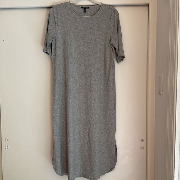 EILEEN FISHER Ribbed Crew Neck Midi Dress Gray Medium Tencel Curved Hem - Picture 2 of 5